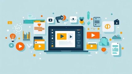 Flat - style Illustration of Digital Marketing and Video Content on Laptop with Icons