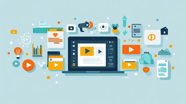 Flat - style Illustration of Digital Marketing and Video Content on Laptop with Icons