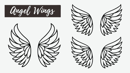 Clean line art angel wings design elements; four variations, simple, elegant, and versatile graphic illustrations for various projects.