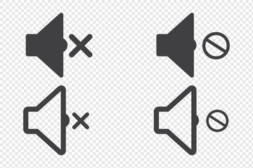 No Sound, Volume Off, Mute, Silence, Quiet Icon Set of Line and Silhouette Vector on White Background