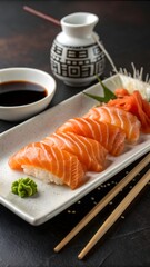 Delicious salmon nigiri sushi served on elegant rectangular plate with soy sauce, wasabi, and chopsticks.