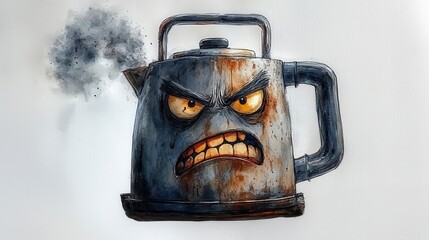 Humorous watercolor-style illustration of a furious kettle with steam coming out, symbolizing anger, stress, or boiling emotions.
