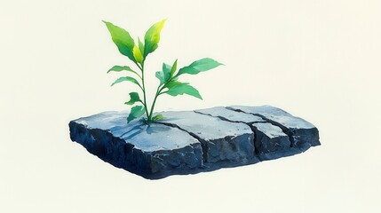 Watercolor-style illustration of a vibrant green plant sprouting through cracked concrete, symbolizing resilience, growth, and hope in adversity.
