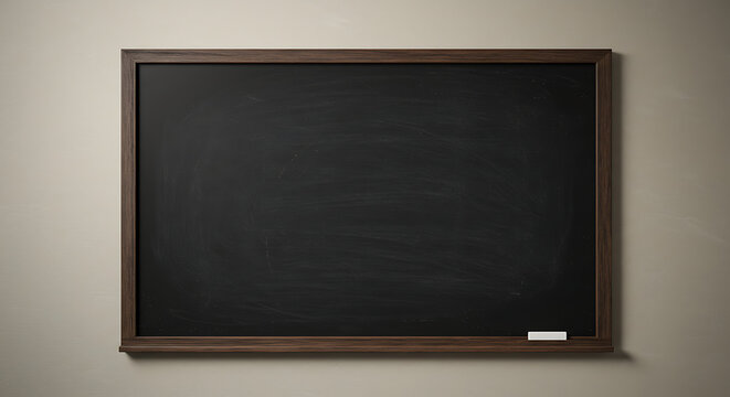Empty blackboard with dark wooden frame and chalk. A clean, versatile blank canvas for education, creative designs, or presentations. Customizable space for text and graphic overlays.