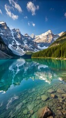 Serene alpine lake reflecting snow-capped mountains, turquoise water, rocky shore, summer sunlight.