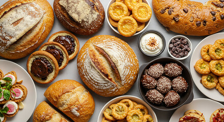 An abundant flat lay of various baked goods, including artisanal sourdough bread, sweet pastries, and chocolate confections.