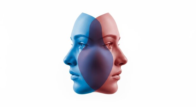 Two overlapping female faces, one blue and one red, symbolize duality, split personality, contrasting emotions, or internal conflict. Ideal for psychology, mental health, or abstract concepts.