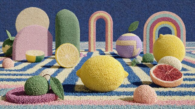 Vibrant fruit forms on patterned rug