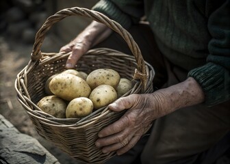 Rustic wicker basket filled with freshly harvested potatoes; weathered hands of a farmer, autumnal mood.