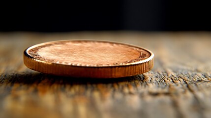 Close-up of a copper coin on a wooden surface.