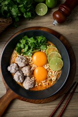 Homemade instant noodles soup  with minced pork and eggs
