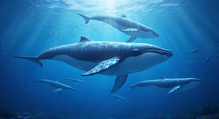 Fototapeta premium A pod of whales swim gracefully in the deep blue ocean, illuminated by sunbeams from above.