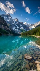 Serene mountain lake reflecting majestic peaks under a vibrant summer sky; crystal-clear water, visible rocks.