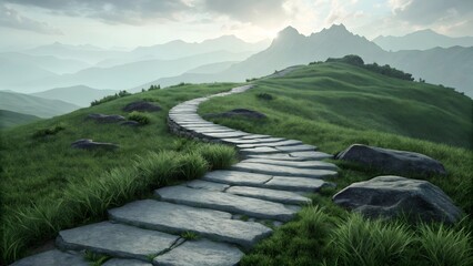 Serene Stone Path Winding Through Verdant Mountain Meadow at Sunrise
