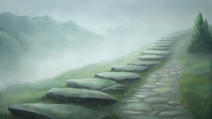 Serene stone path ascending misty mountain, ethereal landscape, digital painting.