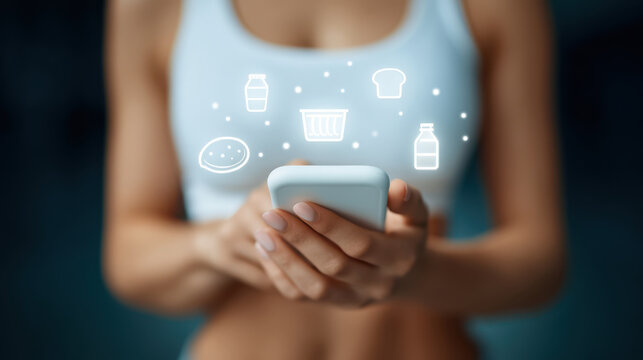 Smart Voice Shopping, smart voice shopping concept with woman holding smartphone and digital grocery icons floating above