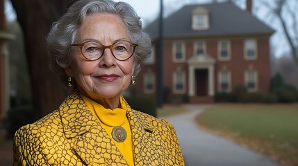 Mature woman in a yellow patterned jacket.