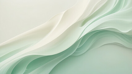 Abstract, flowing composition of translucent, layered silk in soft, muted greens and creamy whites. An elegant, serene, and minimalist design with gentle, organic movement.