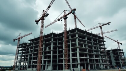 Massive Concrete Building Under Construction with Multiple Tower Cranes Reaching Towards Dramatic Cloudy Sky