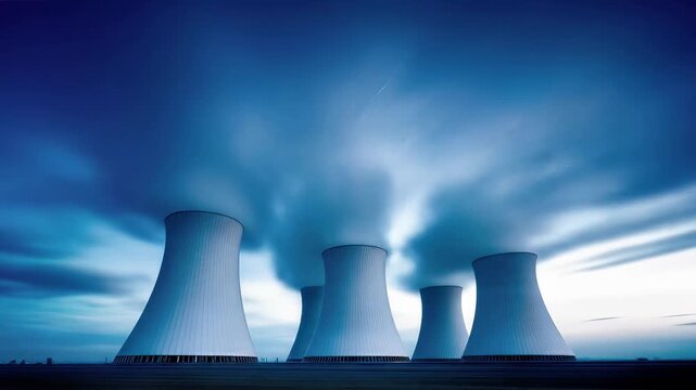 Nuclear power plant cooling towers against blue sky at dusk. Industrial energy facility with massive concrete structures generating electricity. Atomic station infrastructure in evening twilight