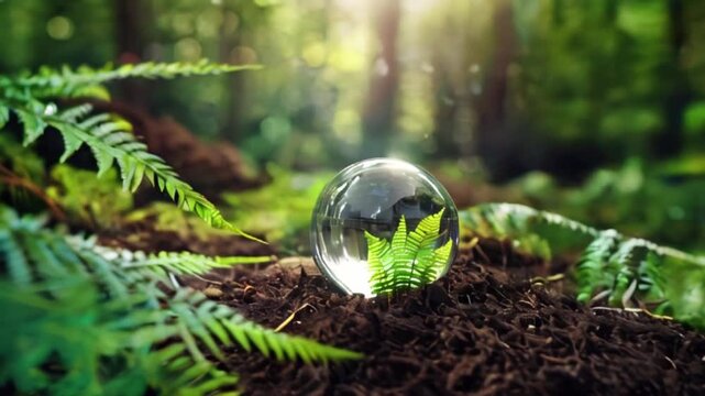 Crystal Earth On Soil In Forest With Ferns And Sunlight - Environment, save clean planet, ecology concept. Earth Day created with generative ai
