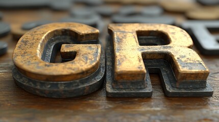Close-up view of the letters G and R in a rustic, metallic design.