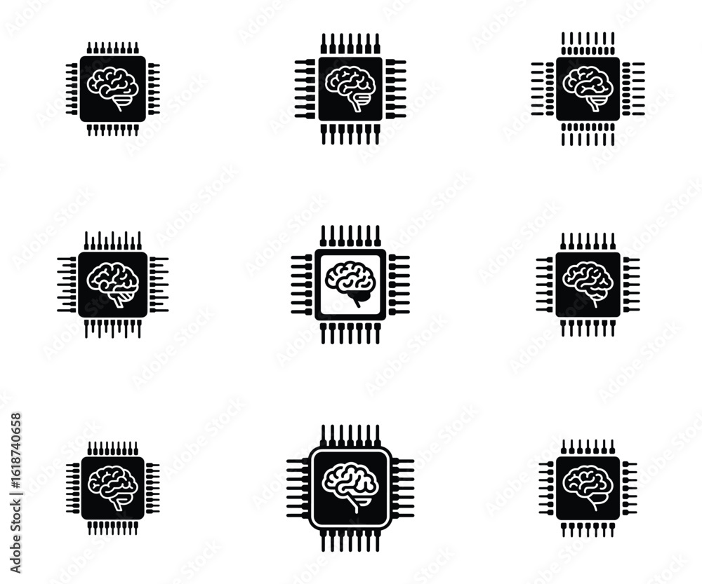 Poster artificial intelligence concept with brain and microchip icons in a pattern illustration
