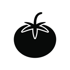 Simple black silhouette of a ripe tomato with a stem and leaves