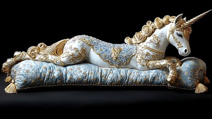 Ornate unicorn reclining on a decorative cushion.