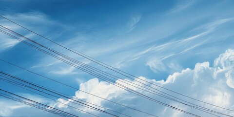 Fototapeta premium Serene Sky Wires, Fluffy Clouds