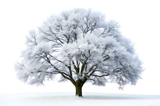 A snow covered tree stands alone in a winter landscape, isolated on transparent background, its branches heavy with frost and ice under a cold sky