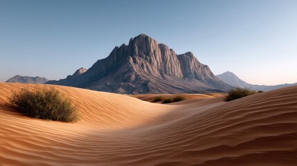 Naklejka premium Majestic Sunlit Desert Dunes Flowing Like Waves Serene Landscape Nature Photography Tranquil Atmosphere