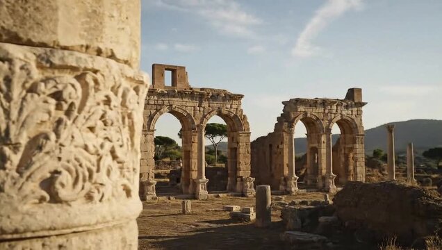 Roman carvings and stone arches at the ancient city of Volubilis, a UNESCO World Heritage Site