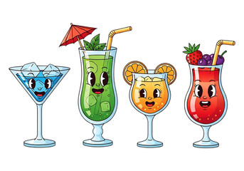 Four fun cartoon cocktails with happy faces isolated on transparent background