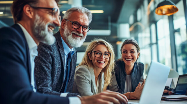 Business professionals of multiple generations share ideas while working on a laptop. The scene captures a positive, collaborative energy with cinematic lighting, promoting diversity, inclusion, and d