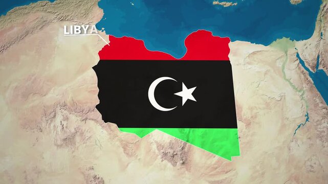 Zoom from Earth to Libya. (Country Flag) World map animation with highlighted country borders. Cinematic 3d world map animation highlights aerial views, tourism, and travel. 4k