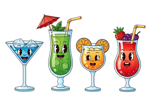 Four fun cartoon cocktails with happy faces isolated on transparent background - Powered by Adobe