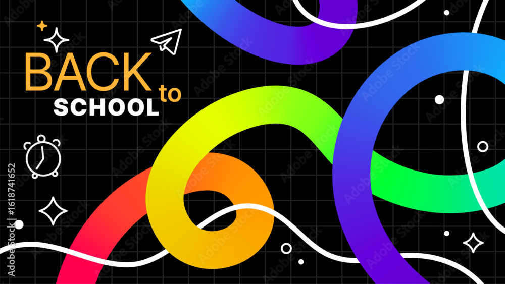 Poster back to school text with vibrant abstract shapes, line art icons, and a grid pattern on a dark backg
