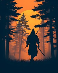Fototapeta premium A lone samurai walks into a glowing forest during sunset, in silhouette form. Warm tones and vintage screenprint style give it a cinematic, moody atmosphere