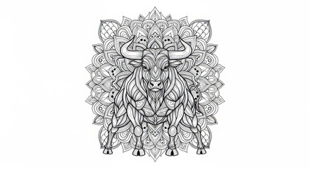 Intricate black and white mandala design with animalistic features