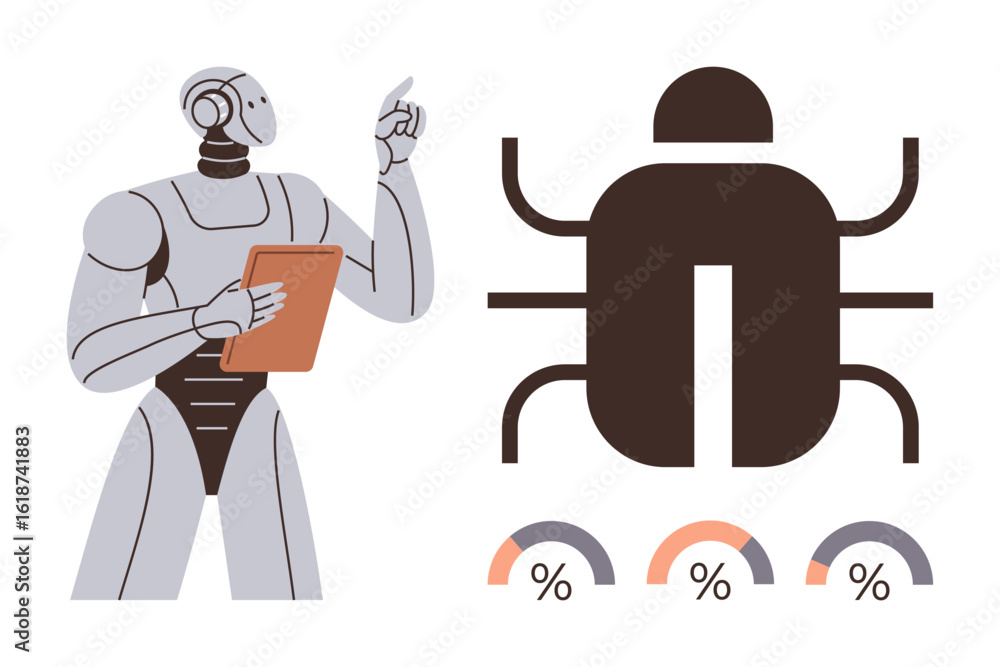 Poster humanoid robot holding a tablet, analyzing a bug icon alongside error percentage charts. ideal for a