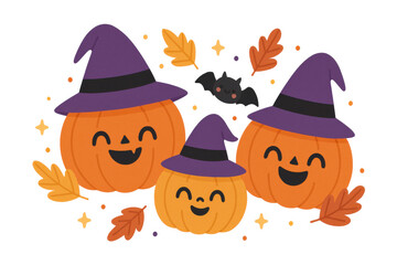 Smiling Cartoon Three Pumpkins with Witch Hats and Fall Leaves Halloween Art Cheerful Scene, Surrounded By Bat and Confetti. Transparent background