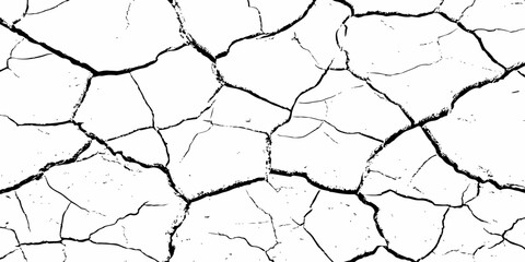 Cracked dry earth texture in high-contrast black and white, showing fragmented surface patterns. Ideal for drought, decay, or distressed background concepts in design and illustration.