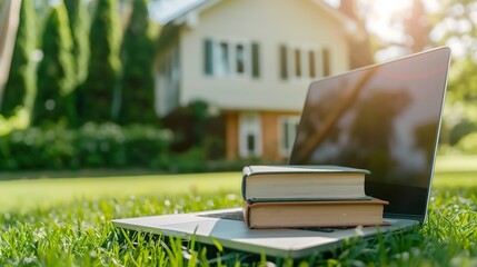 A close-up of a laptop with stacked books resting on it, set on lush green grass in a serene outdoor environment, illuminated by soft sunlight.,Backyard Home Office