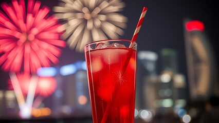 Vibrant fireworks reflected in a chilled Bandung drink, celebrating Singapore National Day with festive lights.