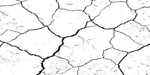 Cracked dry earth texture in high-contrast black and white, showing fragmented surface patterns. Ideal for drought, decay, or distressed background concepts in design and illustration.