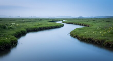A winding river flows through a lush green meadow under a soft blue sky in a tranquil landscape scene