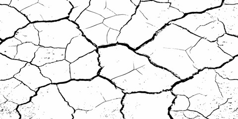 Cracked dry earth texture in high-contrast black and white, showing fragmented surface patterns. Ideal for drought, decay, or distressed background concepts in design and illustration.