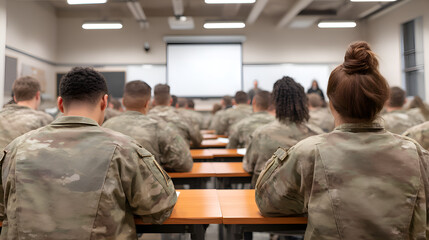 Soldiers attending class in military school learning from instructor
