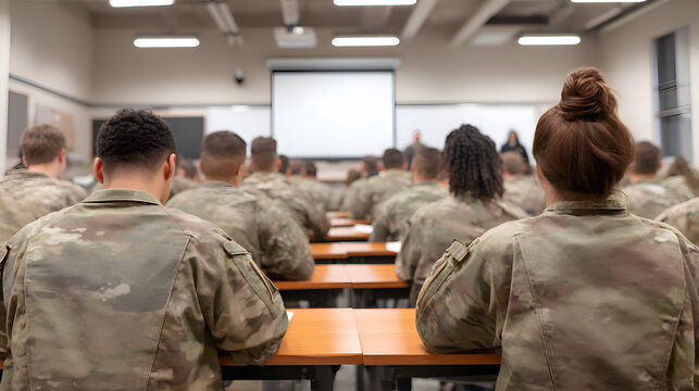 Soldiers attending class in military school learning from instructor